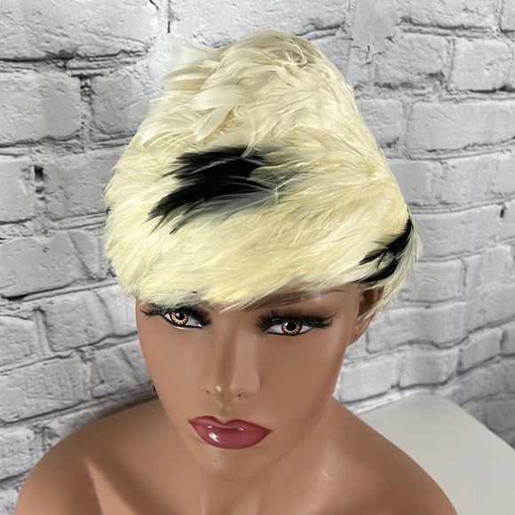Vintage feather hat Union label off white black feathers - Picture 2 of 6